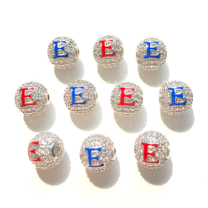 12pcs/lot 10mm Colorful Enamel CZ Paved Letter "O", "E", "S" Ball Spacers Beads 12 Silver E CZ Paved Spacers 10mm Beads Ball Beads New Spacers Arrivals Charms Beads Beyond