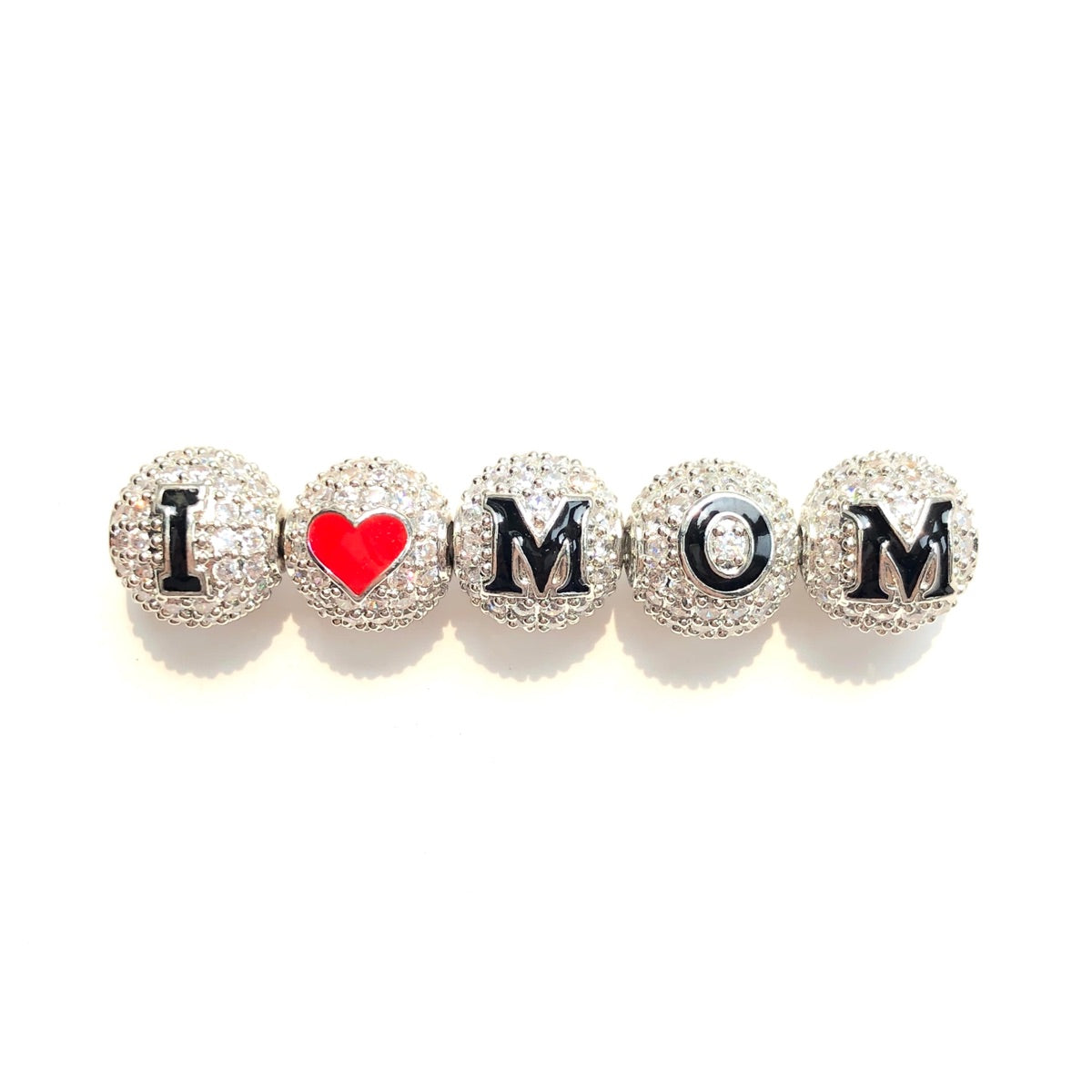 10pcs/lot 10mm CZ Paved I LOVE MOM Letter Ball Spacers Beads for Mother's Day Silver-2 Sets CZ Paved Spacers 10mm Beads Ball Beads Mother's Day Mother's Day Beads New Spacers Arrivals Charms Beads Beyond