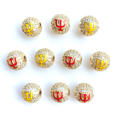 12pcs/lot 10mm Red Yellow Enamel CZ Paved Greek Letter "K", "A", "Ψ" Ball Spacers Beads 12 Gold Ψ CZ Paved Spacers 10mm Beads Ball Beads Greek Letters New Spacers Arrivals Charms Beads Beyond
