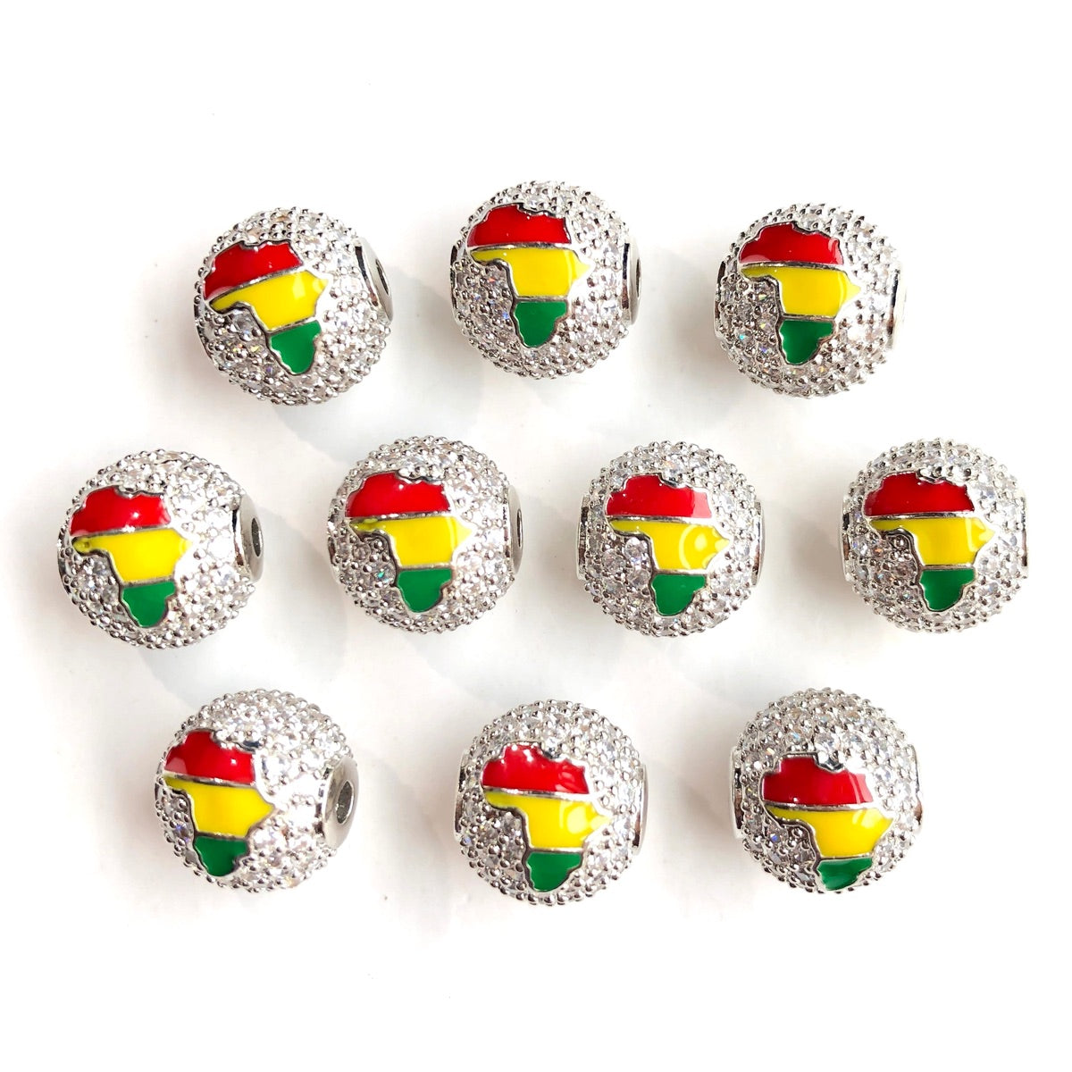 10pcs/lot 12mm CZ Paved Red Yellow Green Enamel Africa Map Ball Spacers Beads for Black History Silver CZ Paved Spacers Ball Beads Juneteenth & Black History Month Awareness New Spacers Arrivals Charms Beads Beyond
