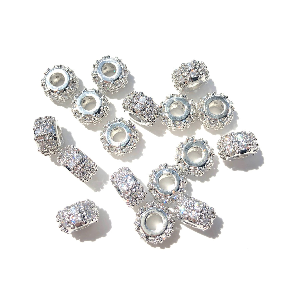 10-20-50pcs/lot 8mm CZ Paved Rondelle Wheel Spacers Silver CZ Paved Spacers New Spacers Arrivals Rondelle Beads Wholesale Charms Beads Beyond