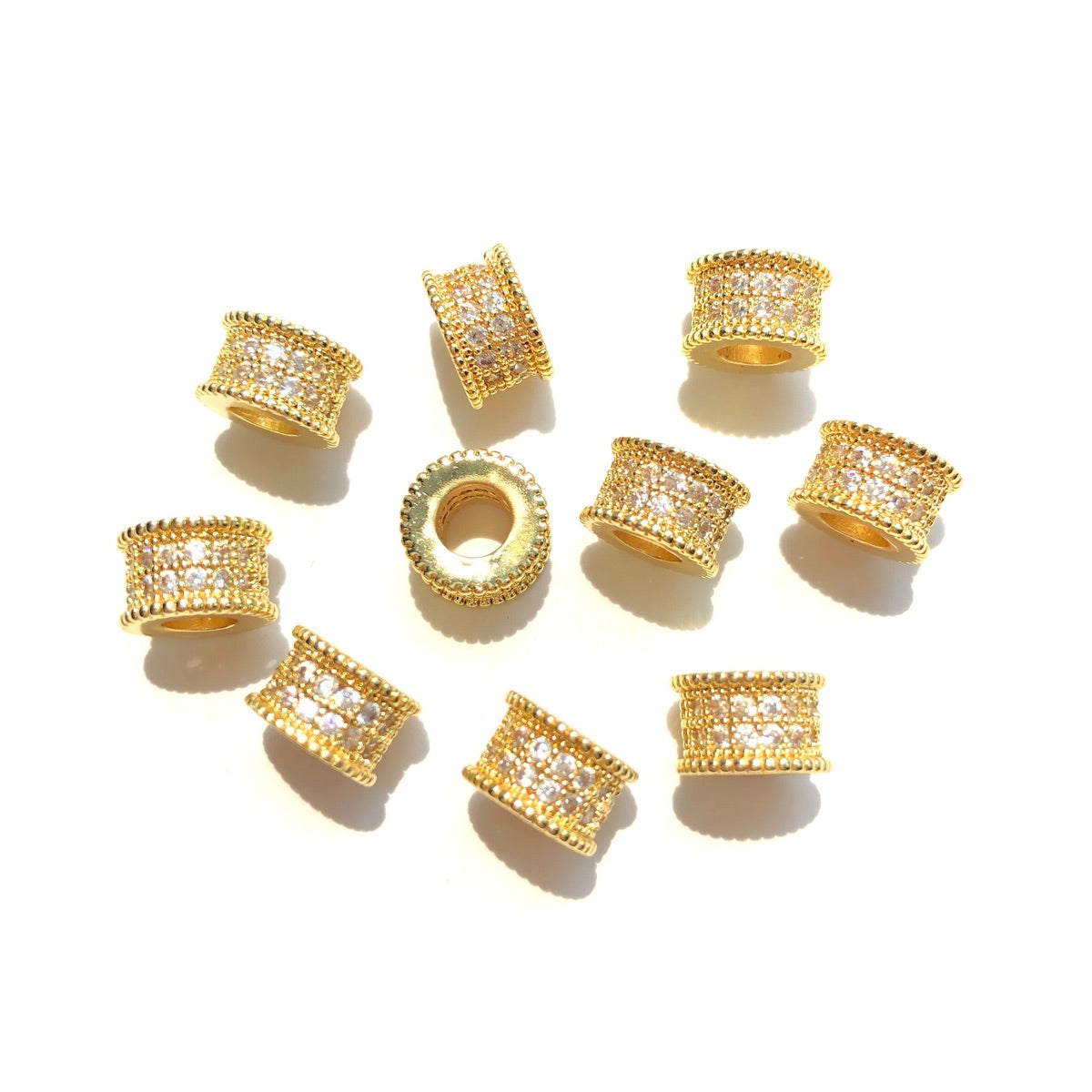 10-20-50pcs/lot 7.8*5mm CZ Paved Big Hole Rondelle Wheel Spacers Gold CZ Paved Spacers Big Hole Beads New Spacers Arrivals Rondelle Beads Wholesale Charms Beads Beyond