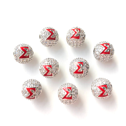 12pcs/lot 10mm Red Enamel CZ Paved Greek Letter "Δ", "Σ", "Θ" Ball Spacers Beads 12 Silve Σ CZ Paved Spacers 10mm Beads Ball Beads Greek Letters New Spacers Arrivals Charms Beads Beyond