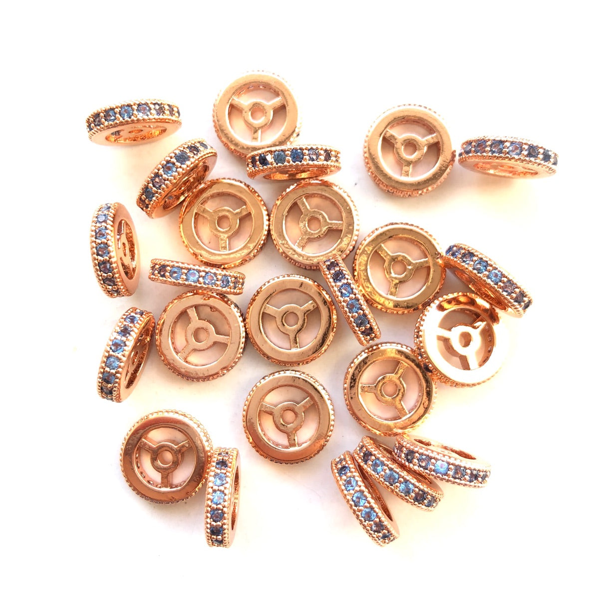 20pcs/lot 9.6/12mm Lake Blue CZ Paved Wheel Rondelle Spacers Rose Gold CZ Paved Spacers New Spacers Arrivals Rondelle Beads Charms Beads Beyond