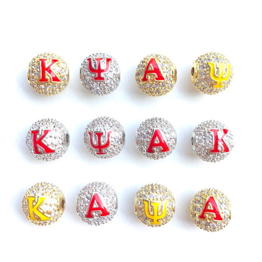 12pcs/lot 10mm Red Yellow Enamel CZ Paved Greek Letter "K", "A", "Ψ" Ball Spacers Beads Mix Gold Silver-2 Letters Each CZ Paved Spacers 10mm Beads Ball Beads Greek Letters New Spacers Arrivals Charms Beads Beyond