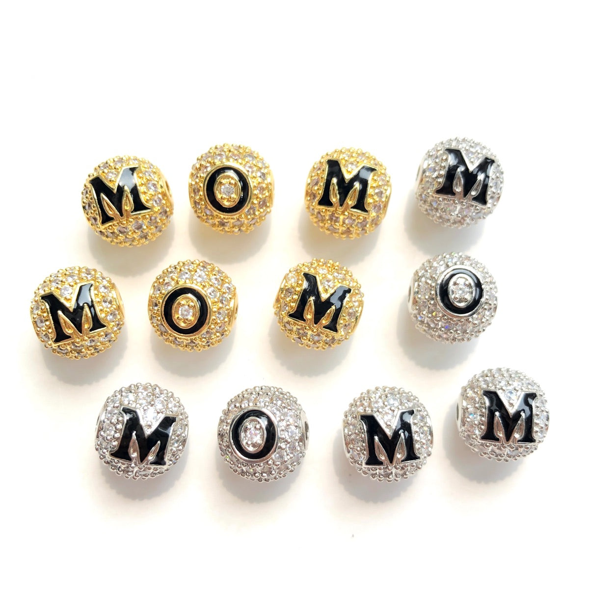 12pcs/lot 10mm CZ Paved M, O Letter Ball Spacers MOM Beads for Mother's Day Mix Gold Silver CZ Paved Spacers 10mm Beads Ball Beads Mother's Day Mother's Day Beads New Spacers Arrivals Charms Beads Beyond