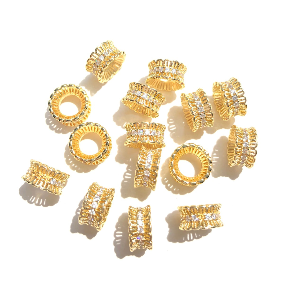 20-50pcs/lot 9.5*5mm CZ Paved Big Hole Hour Glass Wheel Spacers Gold CZ Paved Spacers New Spacers Arrivals Rondelle Beads Wholesale Charms Beads Beyond