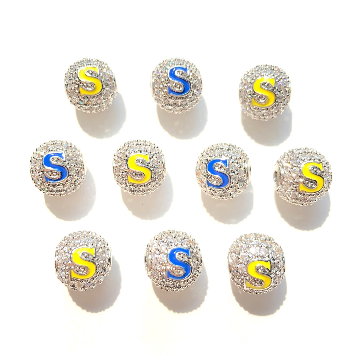 12pcs/lot 10mm Colorful Enamel CZ Paved Letter "O", "E", "S" Ball Spacers Beads 12 Silver S CZ Paved Spacers 10mm Beads Ball Beads New Spacers Arrivals Charms Beads Beyond