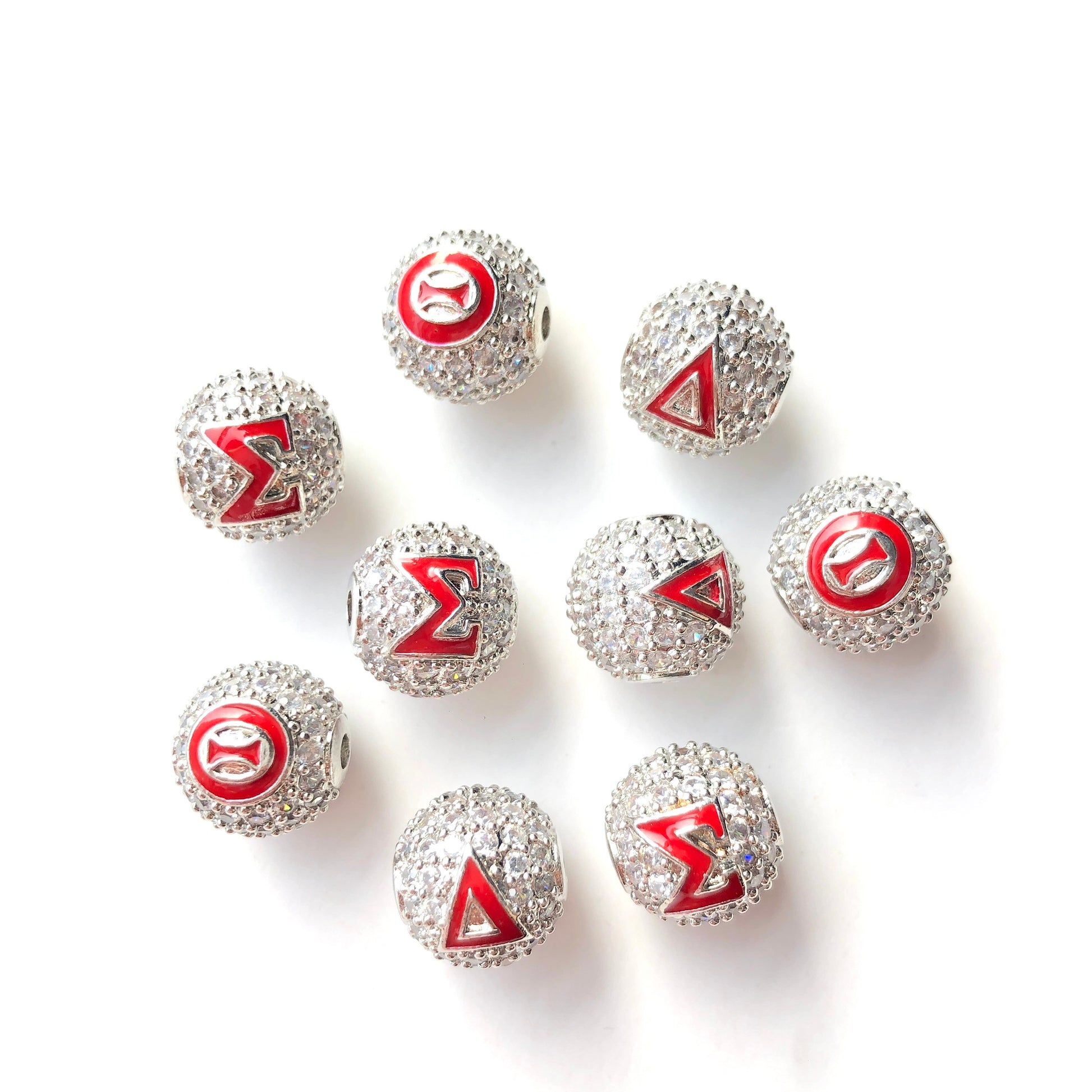12pcs/lot 10mm Red Enamel CZ Paved Greek Letter "Δ", "Σ", "Θ" Ball Spacers Beads Mix Silver Letters 4 Letters Each CZ Paved Spacers 10mm Beads Ball Beads Greek Letters New Spacers Arrivals Charms Beads Beyond