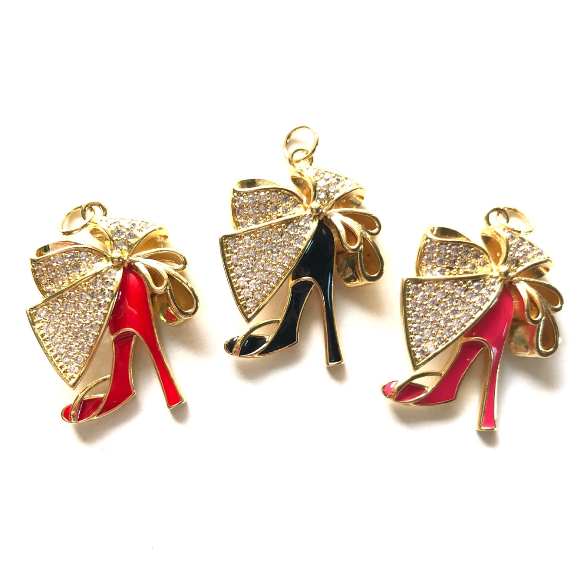 10pcs/lot CZ Paved Bow Tie Black Red Fuchsia High Heel Shoe Charms Mix Gold CZ Paved Charms High Heels New Charms Arrivals Charms Beads Beyond