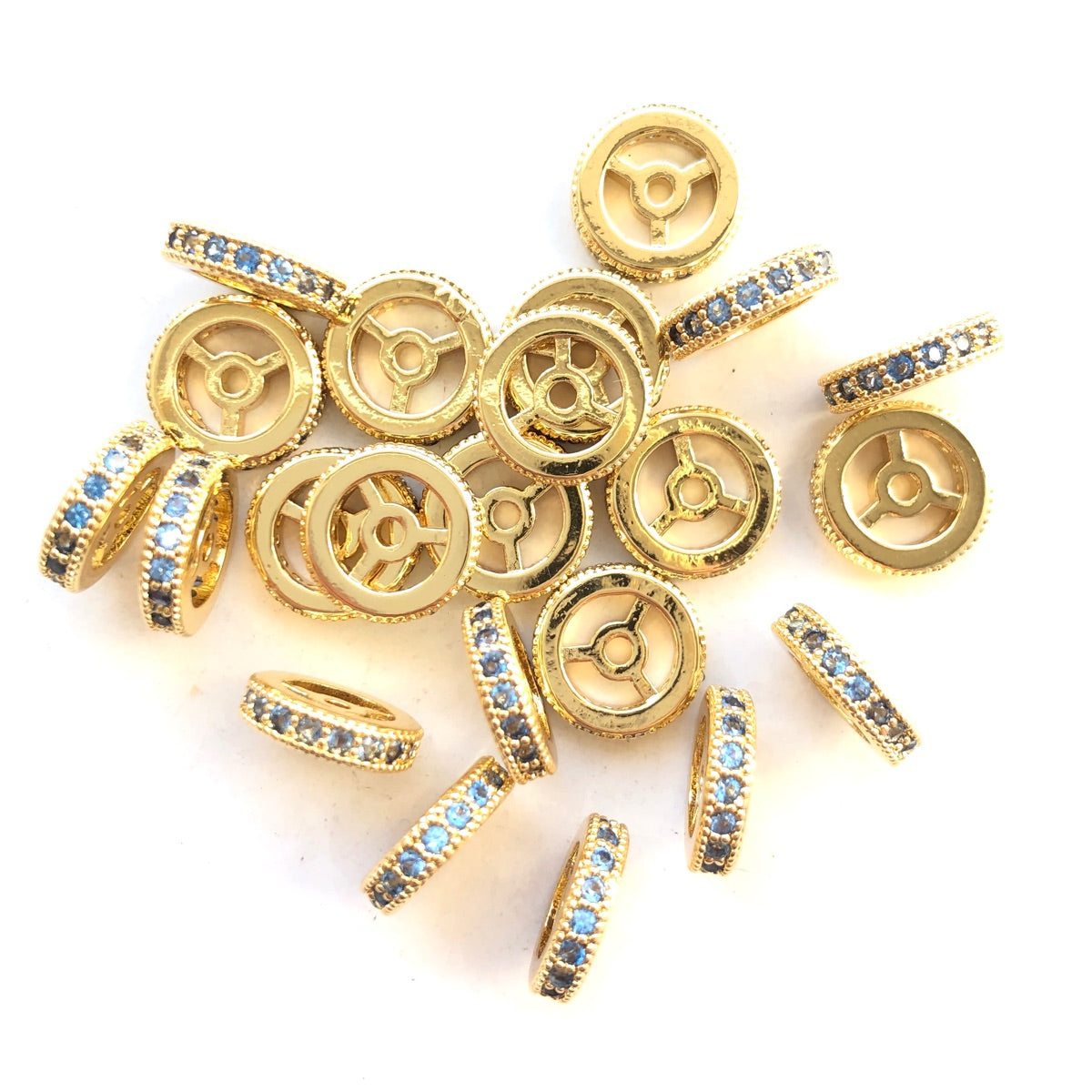 20pcs/lot 9.6/12mm Lake Blue CZ Paved Wheel Rondelle Spacers Gold CZ Paved Spacers New Spacers Arrivals Rondelle Beads Charms Beads Beyond