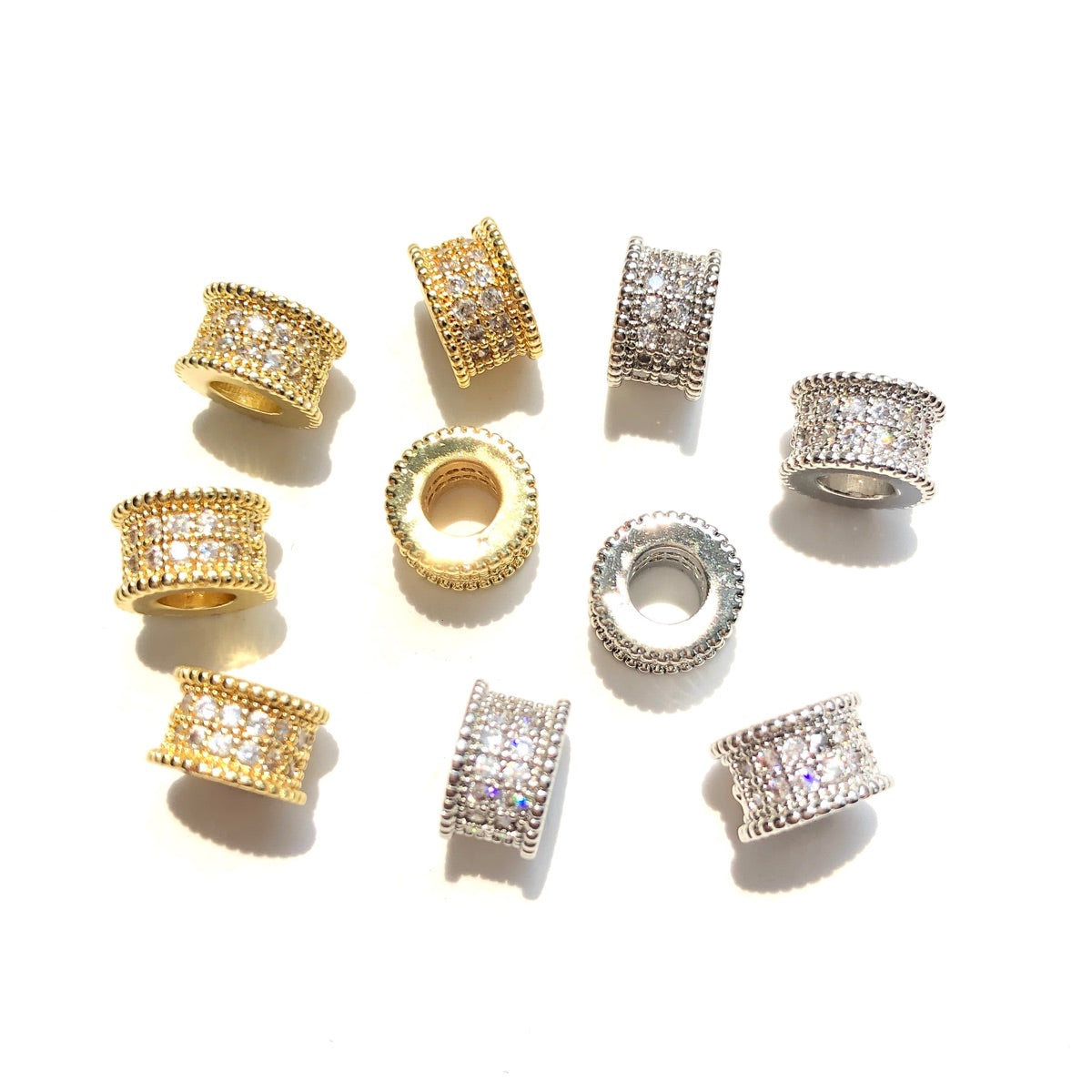 10-20-50pcs/lot 7.8*5mm CZ Paved Big Hole Rondelle Wheel Spacers Mix Colors CZ Paved Spacers Big Hole Beads New Spacers Arrivals Rondelle Beads Wholesale Charms Beads Beyond