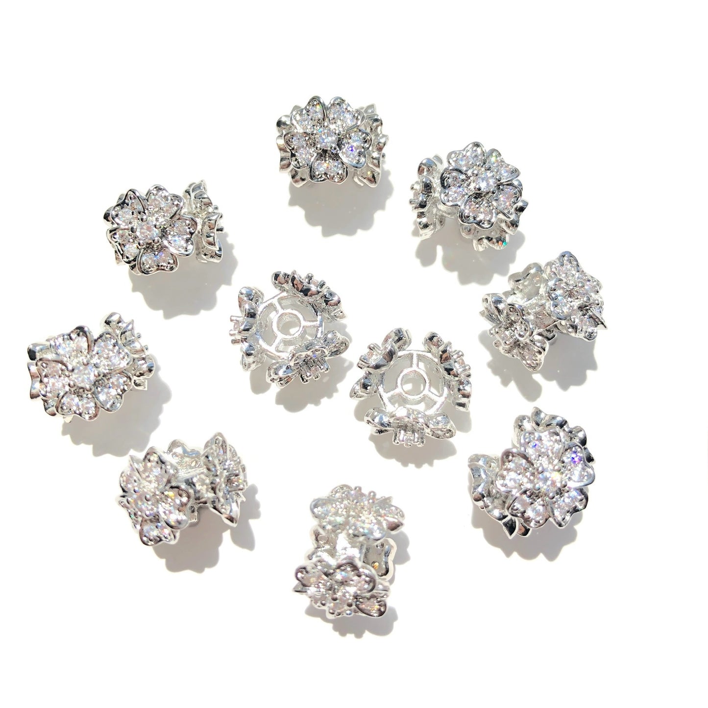 10-20-50pcs/lot 11.5*8.6mm CZ Paved Flower Spacers Clear on Silver CZ Paved Spacers New Spacers Arrivals Wholesale Charms Beads Beyond