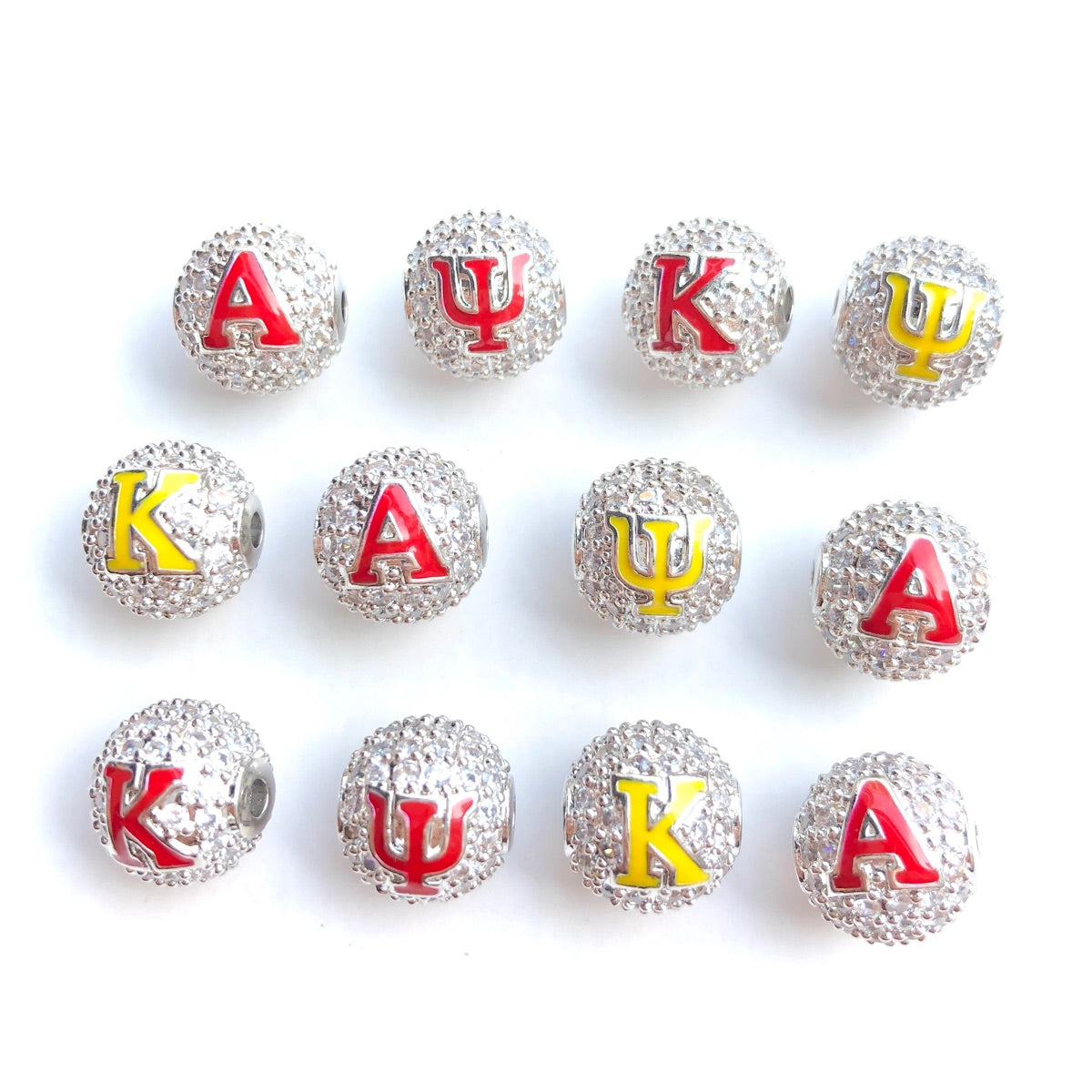 12pcs/lot 10mm Red Yellow Enamel CZ Paved Greek Letter "K", "A", "Ψ" Ball Spacers Beads Mix Silver Letters 4 Letters Each CZ Paved Spacers 10mm Beads Ball Beads Greek Letters New Spacers Arrivals Charms Beads Beyond
