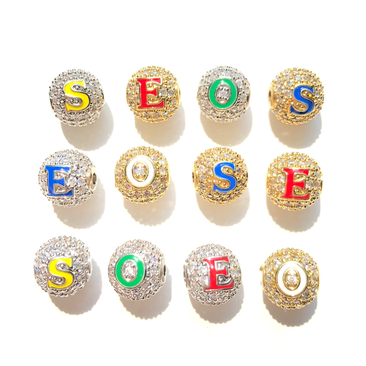 12pcs/lot 10mm Colorful Enamel CZ Paved Letter "O", "E", "S" Ball Spacers Beads Mix Gold Silver-2 Letters Each CZ Paved Spacers 10mm Beads Ball Beads New Spacers Arrivals Charms Beads Beyond