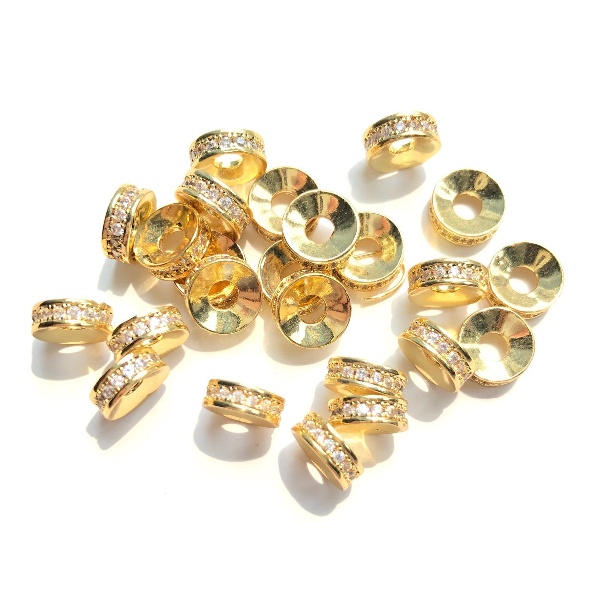 20-50pcs/lot 8*3mm CZ Paved Rondelle Wheel Spacers Gold CZ Paved Spacers Big Hole Beads New Spacers Arrivals Rondelle Beads Wholesale Charms Beads Beyond