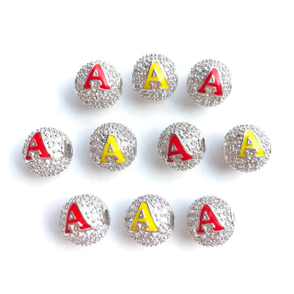 12pcs/lot 10mm Red Yellow Enamel CZ Paved Greek Letter "K", "A", "Ψ" Ball Spacers Beads 12 Silver A CZ Paved Spacers 10mm Beads Ball Beads Greek Letters New Spacers Arrivals Charms Beads Beyond