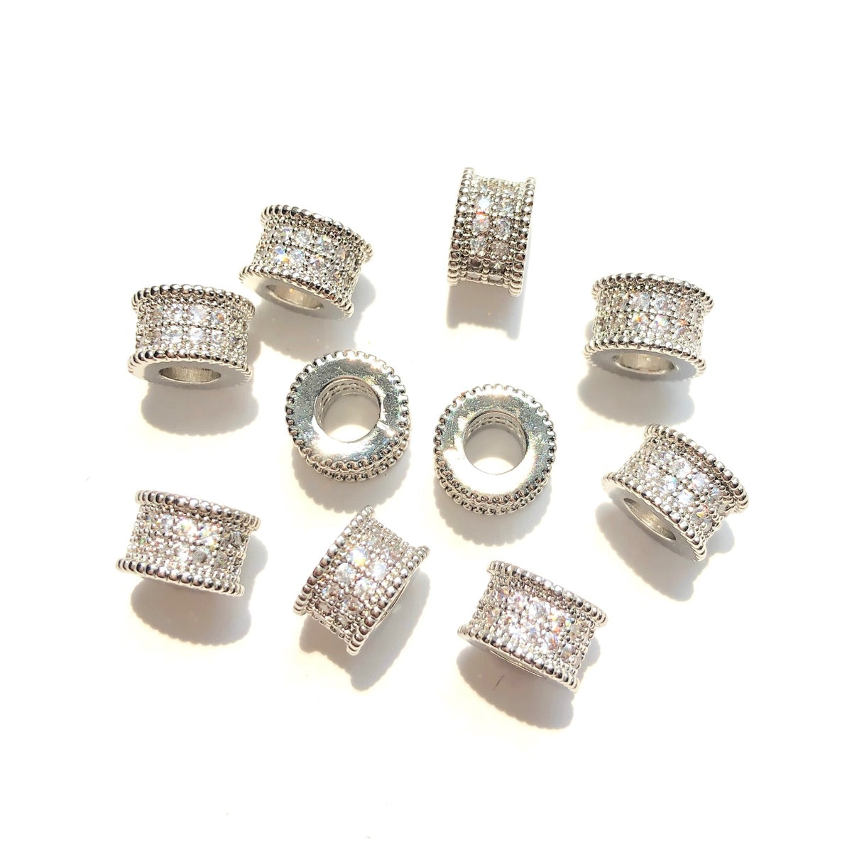 10-20-50pcs/lot 7.8*5mm CZ Paved Big Hole Rondelle Wheel Spacers Silver CZ Paved Spacers Big Hole Beads New Spacers Arrivals Rondelle Beads Wholesale Charms Beads Beyond