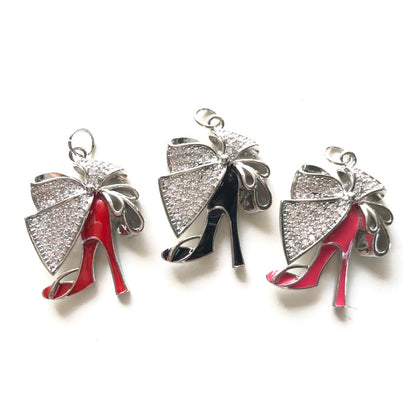 10pcs/lot CZ Paved Bow Tie Black Red Fuchsia High Heel Shoe Charms Mix Silver CZ Paved Charms High Heels New Charms Arrivals Charms Beads Beyond