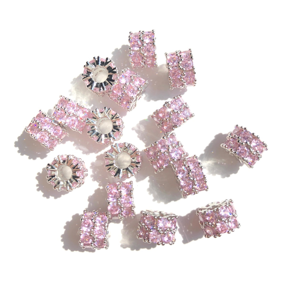 10-20-50pcs/lot 8.4mm Pink CZ Paved Big Hole Rondelle Wheel Spacers Silver CZ Paved Spacers Big Hole Beads New Spacers Arrivals Rondelle Beads Wholesale Charms Beads Beyond