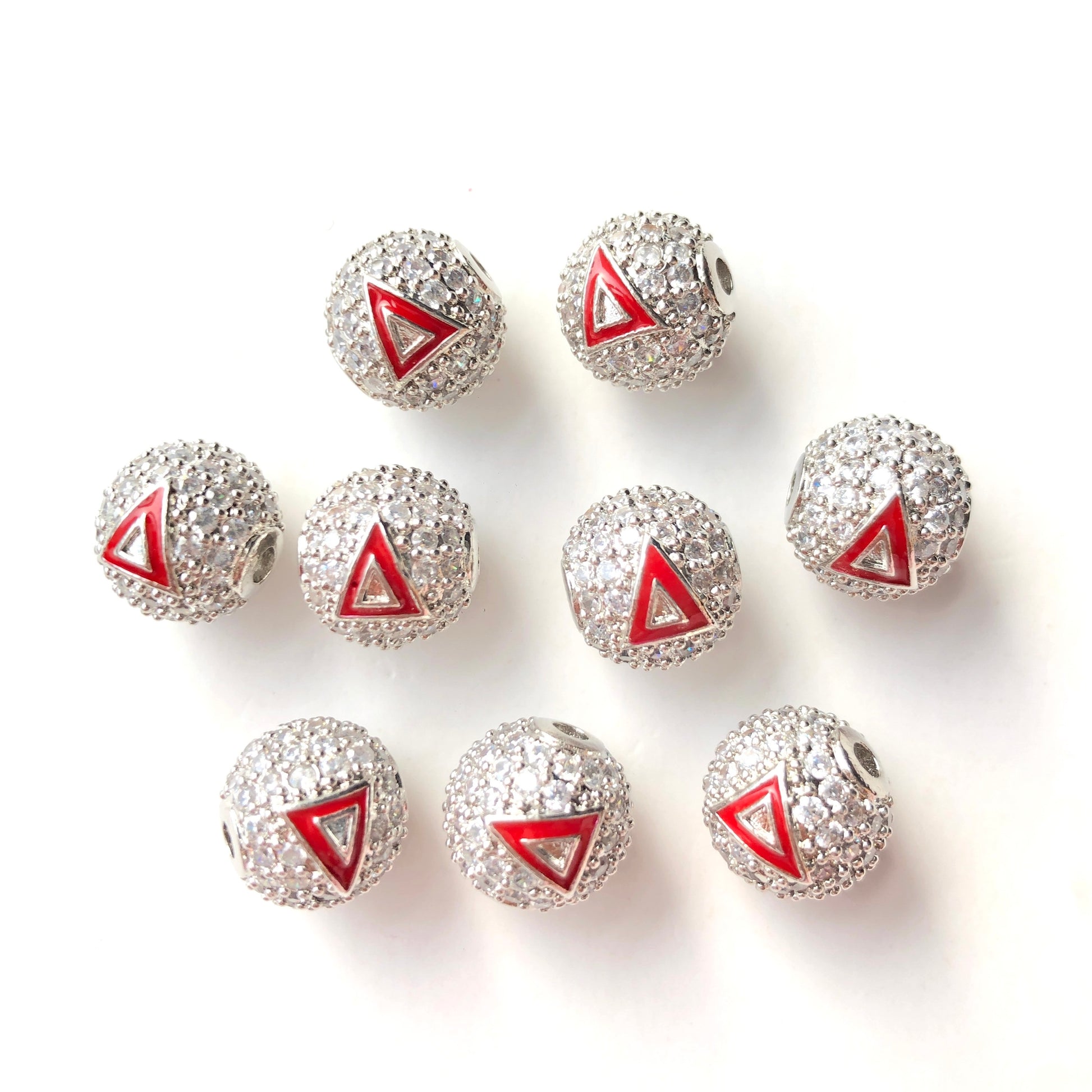 12pcs/lot 10mm Red Enamel CZ Paved Greek Letter "Δ", "Σ", "Θ" Ball Spacers Beads 12 Silver Δ CZ Paved Spacers 10mm Beads Ball Beads Greek Letters New Spacers Arrivals Charms Beads Beyond