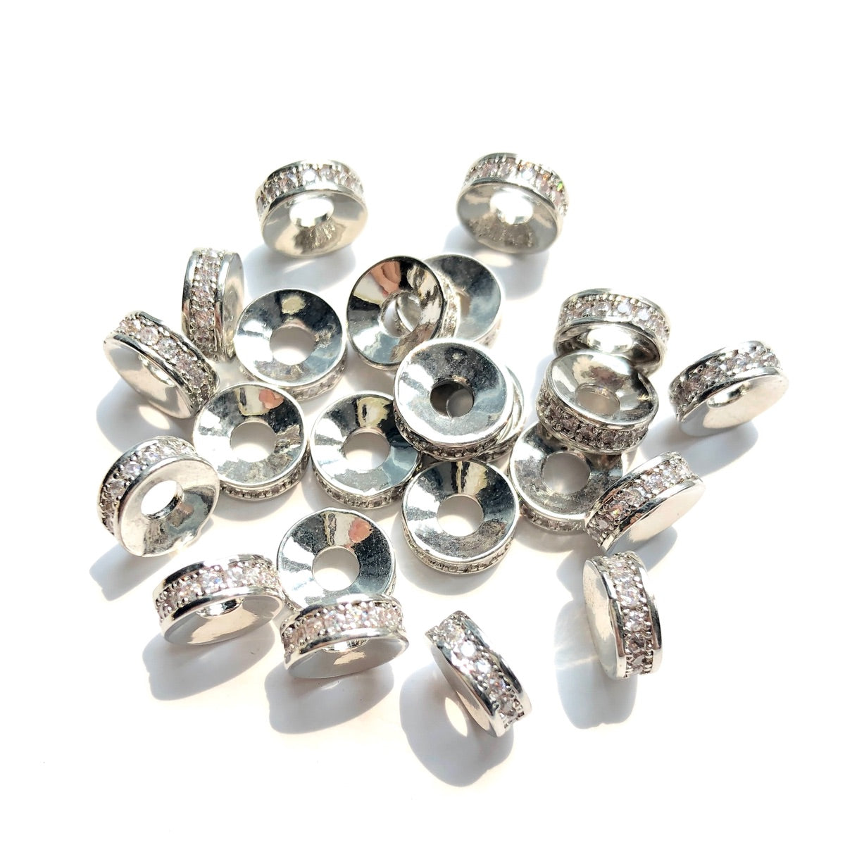20-50pcs/lot 8*3mm CZ Paved Rondelle Wheel Spacers Silver CZ Paved Spacers Big Hole Beads New Spacers Arrivals Rondelle Beads Wholesale Charms Beads Beyond