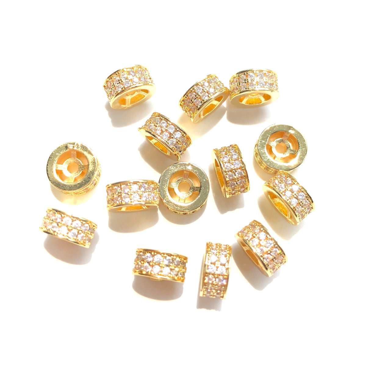 10-20-50pcs/lot 7.8*3.8mm CZ Paved Rondelle Wheel Spacers Gold CZ Paved Spacers Big Hole Beads New Spacers Arrivals Rondelle Beads Wholesale Charms Beads Beyond