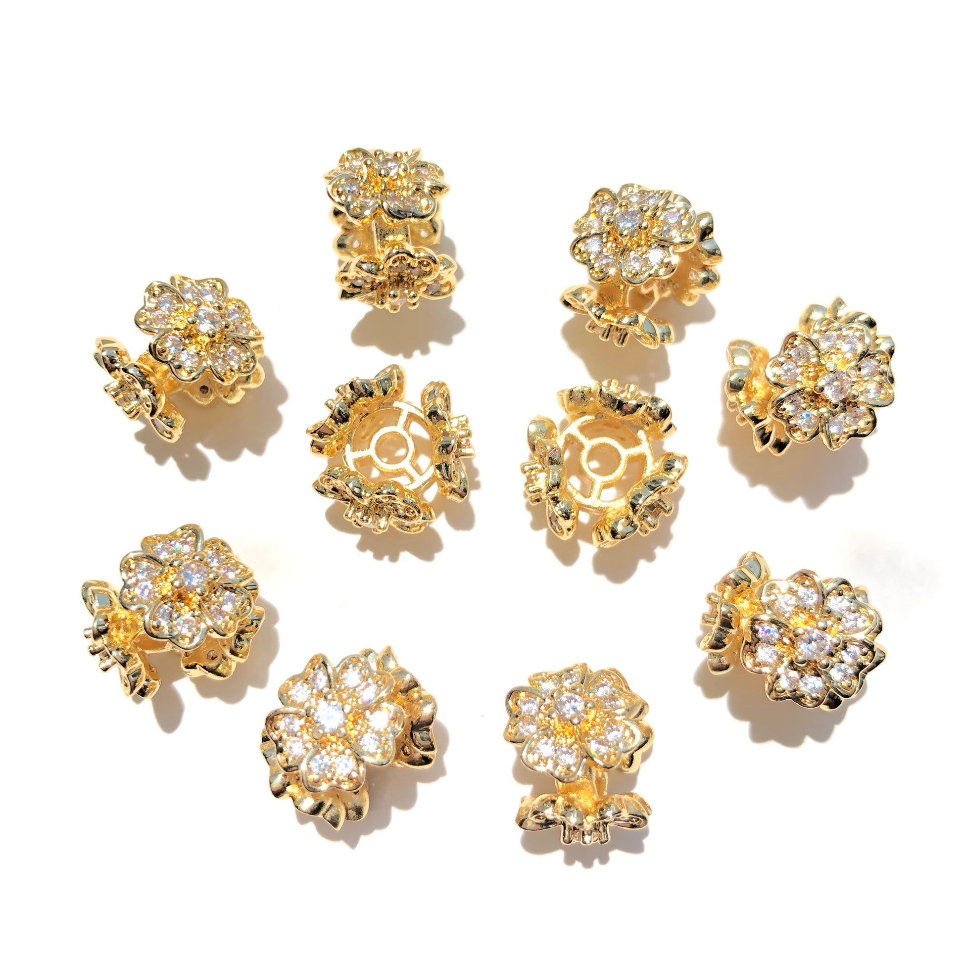 10-20-50pcs/lot 11.5*8.6mm CZ Paved Flower Spacers Clear on Gold CZ Paved Spacers New Spacers Arrivals Wholesale Charms Beads Beyond