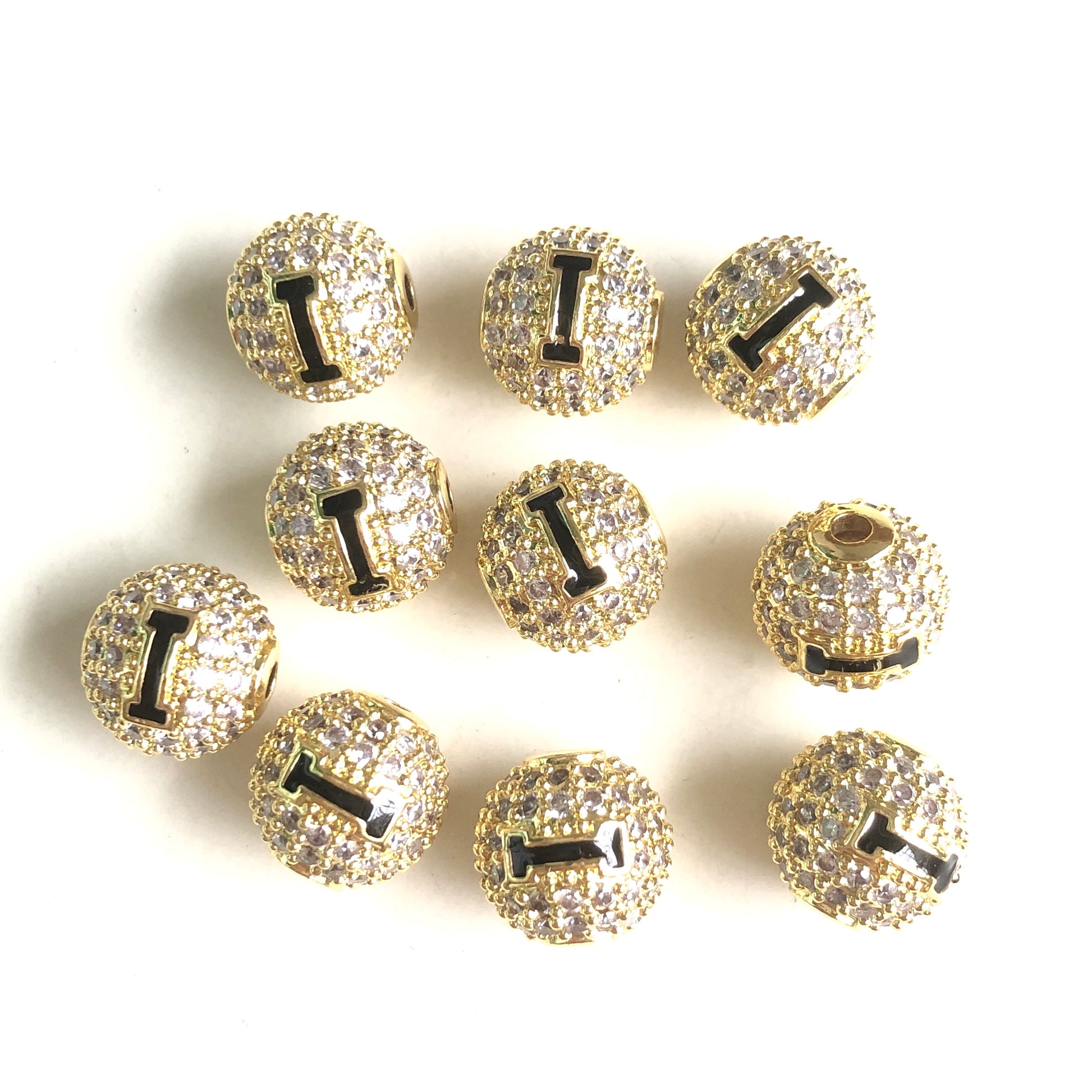 10-20pcs/lot 10mm Enamel Print CZ Paved "I" Initial Alphabet Letter Ball Spacers Beads Gold CZ Paved Spacers 10mm Beads Ball Beads New Spacers Arrivals Charms Beads Beyond