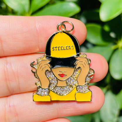 10pcs/lot CZ Paved Pittsburgh Steelers Afro Black Girl Charms CZ Paved Charms Afro Girl/Queen Charms American Football Sports New Charms Arrivals Charms Beads Beyond
