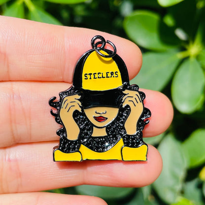 10pcs/lot CZ Paved Pittsburgh Steelers Afro Black Girl Charms CZ Paved Charms Afro Girl/Queen Charms American Football Sports New Charms Arrivals Charms Beads Beyond