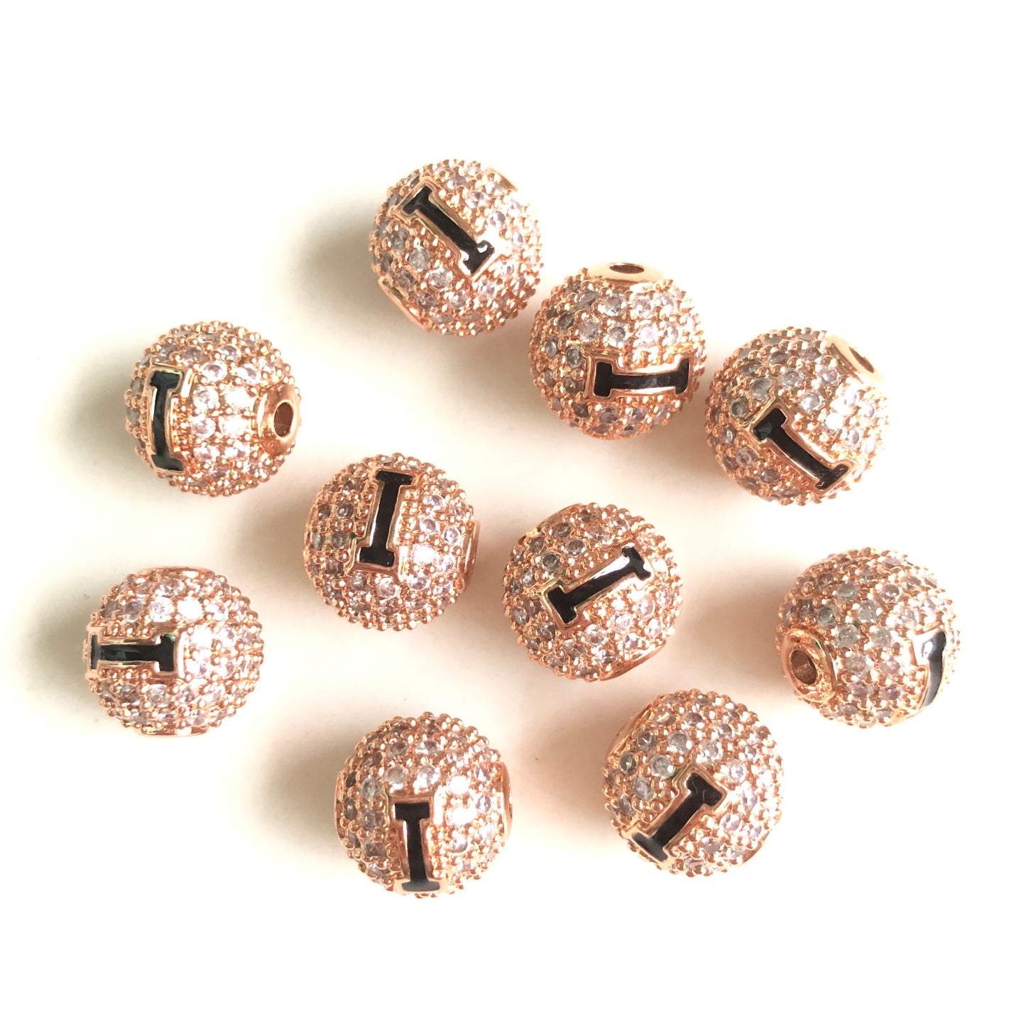 10-20pcs/lot 10mm Enamel Print CZ Paved "I" Initial Alphabet Letter Ball Spacers Beads Rose Gold CZ Paved Spacers 10mm Beads Ball Beads New Spacers Arrivals Charms Beads Beyond