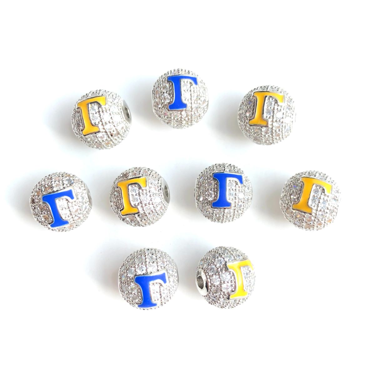 12pcs/lot 10mm Blue Yellow Enamel CZ Paved Greek Letter "Σ", "Γ", "Ρ" Ball Spacers Beads 12 Silver Γ CZ Paved Spacers 10mm Beads Ball Beads Greek Letters New Spacers Arrivals Charms Beads Beyond