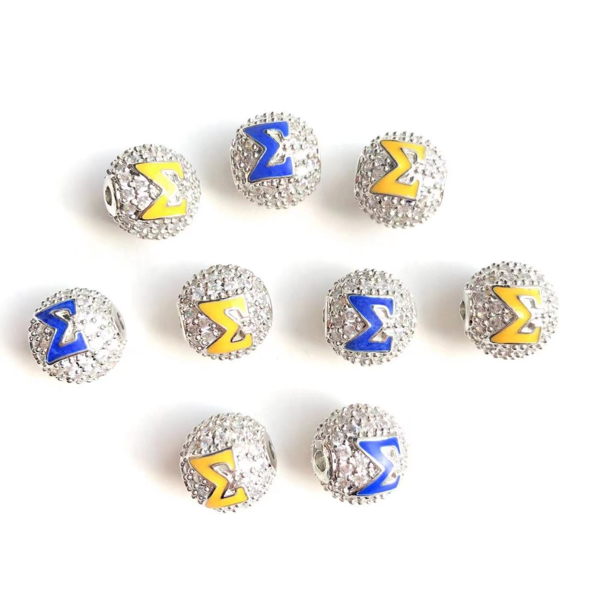 12pcs/lot 10mm Blue Yellow Enamel CZ Paved Greek Letter "Σ", "Γ", "Ρ" Ball Spacers Beads 12 Silve Σ CZ Paved Spacers 10mm Beads Ball Beads Greek Letters New Spacers Arrivals Charms Beads Beyond