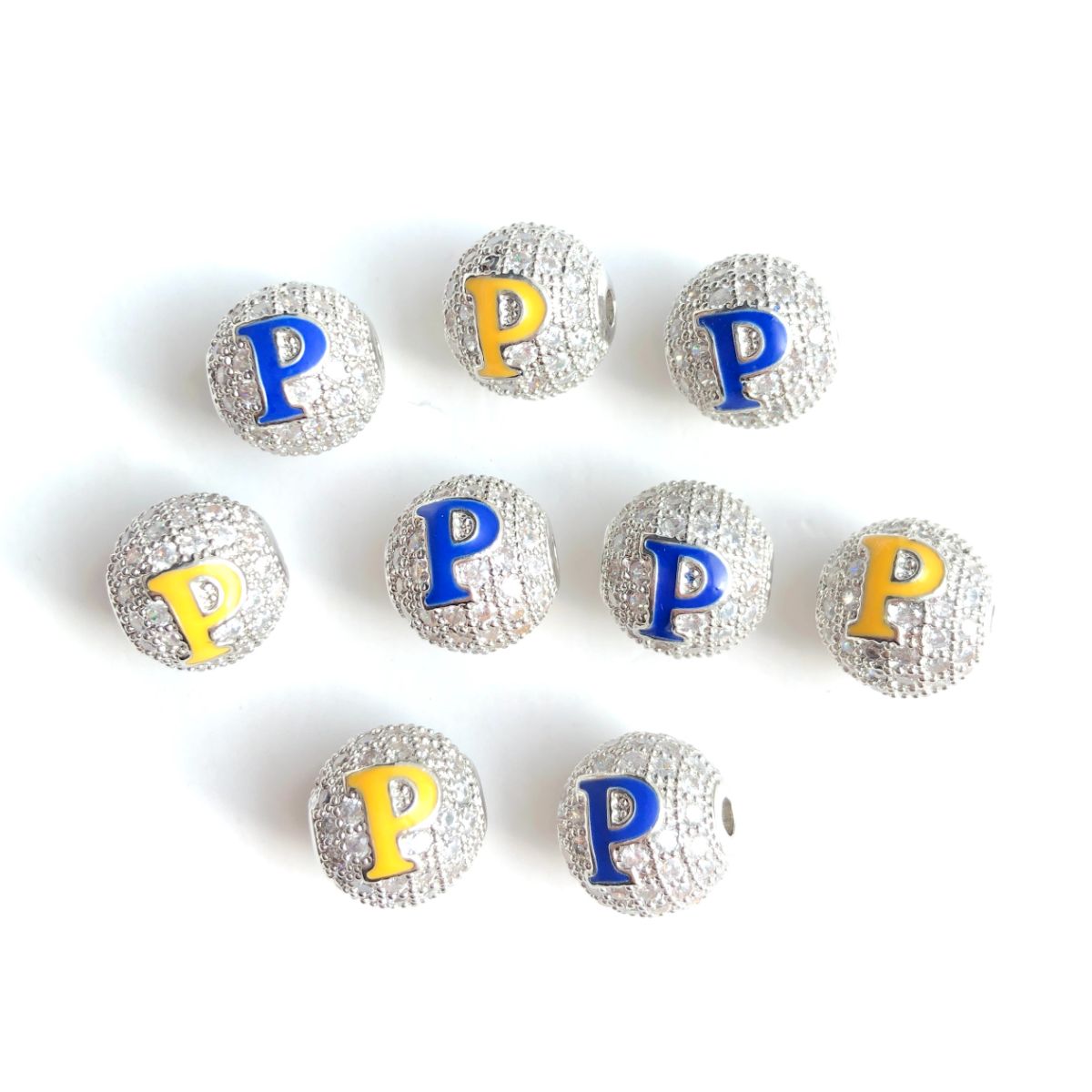 12pcs/lot 10mm Blue Yellow Enamel CZ Paved Greek Letter "Σ", "Γ", "Ρ" Ball Spacers Beads 12 Silver Ρ CZ Paved Spacers 10mm Beads Ball Beads Greek Letters New Spacers Arrivals Charms Beads Beyond