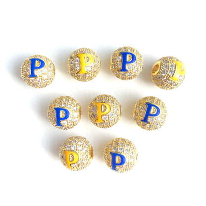 12pcs/lot 10mm Blue Yellow Enamel CZ Paved Greek Letter "Σ", "Γ", "Ρ" Ball Spacers Beads 12 Gold Ρ CZ Paved Spacers 10mm Beads Ball Beads Greek Letters New Spacers Arrivals Charms Beads Beyond