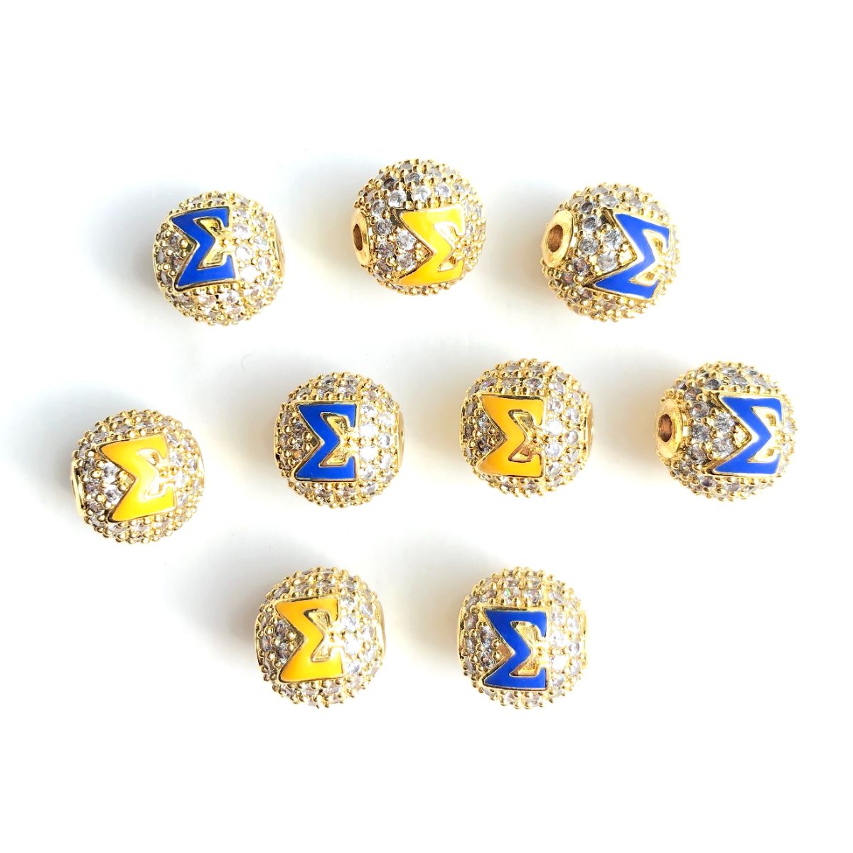 12pcs/lot 10mm Blue Yellow Enamel CZ Paved Greek Letter "Σ", "Γ", "Ρ" Ball Spacers Beads 12 Gold Σ CZ Paved Spacers 10mm Beads Ball Beads Greek Letters New Spacers Arrivals Charms Beads Beyond
