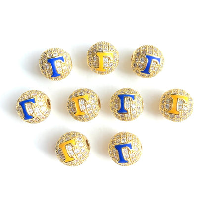 12pcs/lot 10mm Blue Yellow Enamel CZ Paved Greek Letter "Σ", "Γ", "Ρ" Ball Spacers Beads 12 Gold Γ CZ Paved Spacers 10mm Beads Ball Beads Greek Letters New Spacers Arrivals Charms Beads Beyond