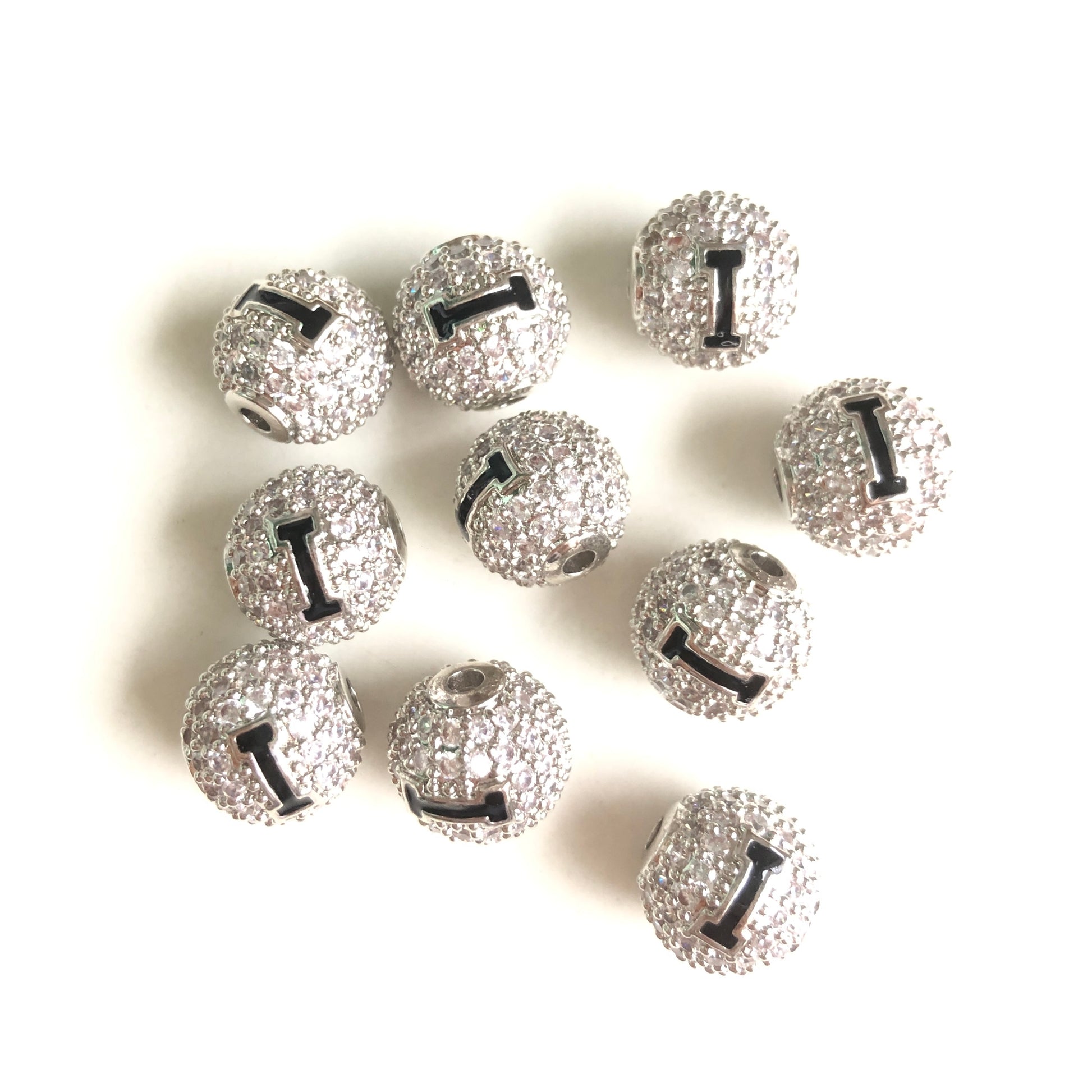 10-20pcs/lot 10mm Enamel Print CZ Paved "I" Initial Alphabet Letter Ball Spacers Beads Silver CZ Paved Spacers 10mm Beads Ball Beads New Spacers Arrivals Charms Beads Beyond
