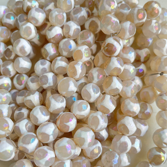 8mm Electroplated AB White Football Print Tibetan Agate Faceted Stone Beads Electroplated Beads Electroplated Tibetan Beads New Beads Arrivals Charms Beads Beyond
