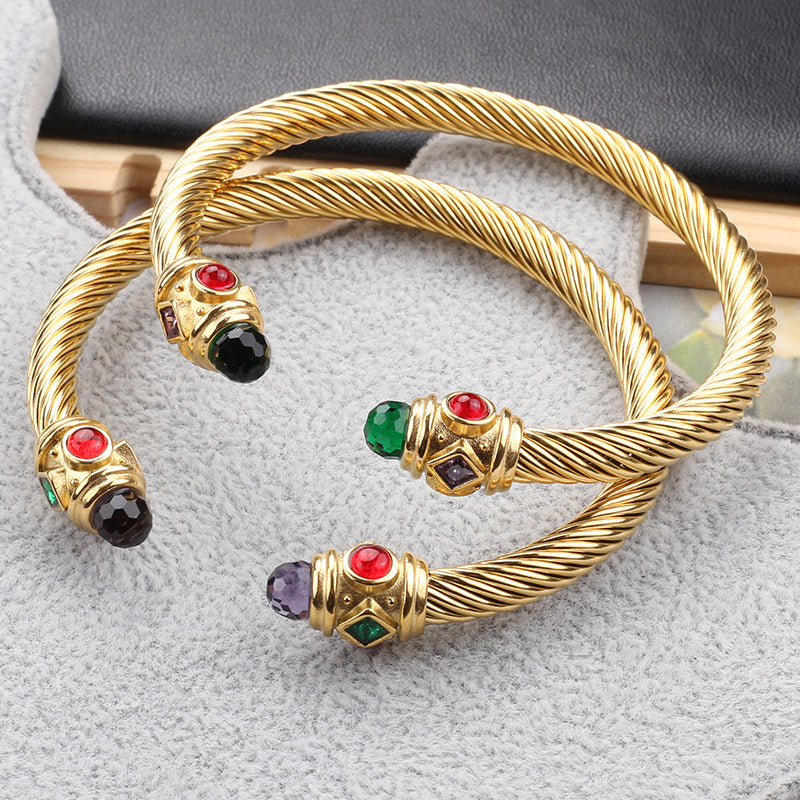 5pcs/lot Colorful Rhinestone Faceted Stone Stainless Steel Open Bangle for Women Women Bracelets Charms Beads Beyond