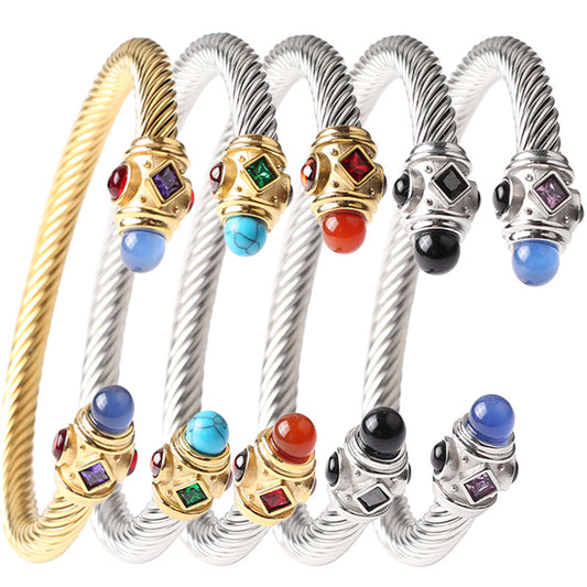 5pcs/lot Colorful Rhinestone Stainless Steel Rope Open Bangle for Women Mix Colors Women Bracelets Charms Beads Beyond