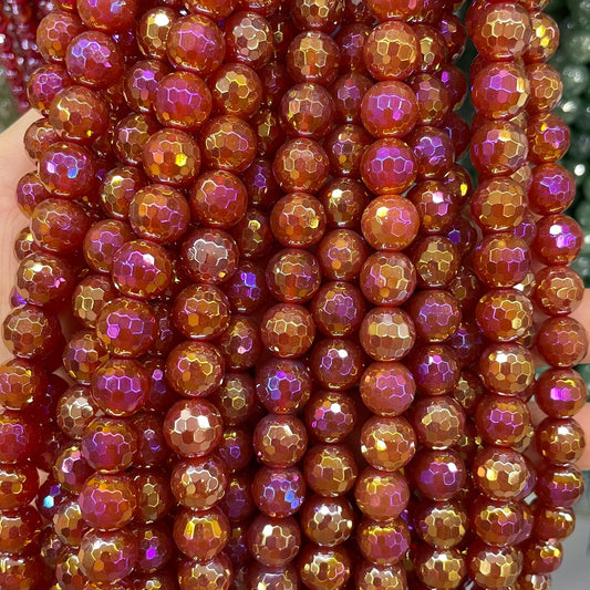 10mm Electroplated AB Red Agate Stone Faceted Beads--Grade A Premium Quality Electroplated Beads New Beads Arrivals Premium Quality Agate Beads Charms Beads Beyond