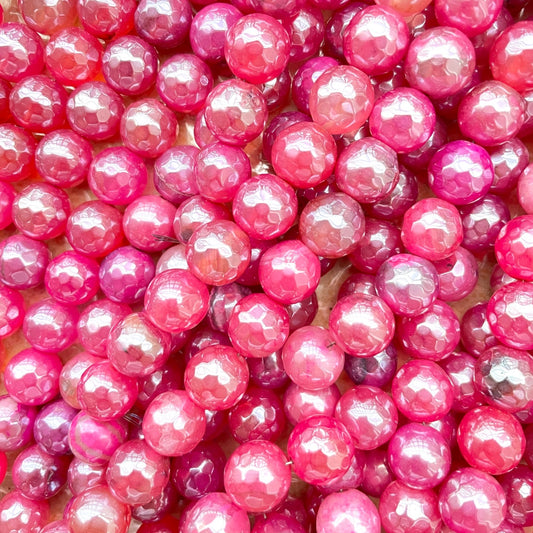 2 Strands/lot 10mm Electroplated Fuchsia Hot Pink Agate Faceted Stone Beads Electroplated Beads Breast Cancer Awareness Electroplated Faceted Agate Beads New Beads Arrivals Charms Beads Beyond