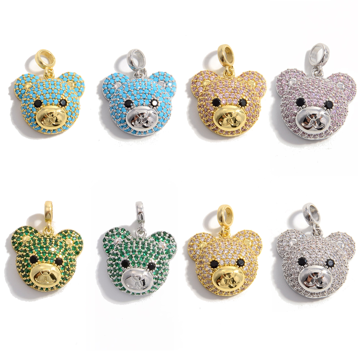 5-10pcs/lot Turquoise Green Pink Clear CZ Paved Cute Bear Head Charms Mix Random Colors CZ Paved Charms Animals & Insects Charms Beads Beyond