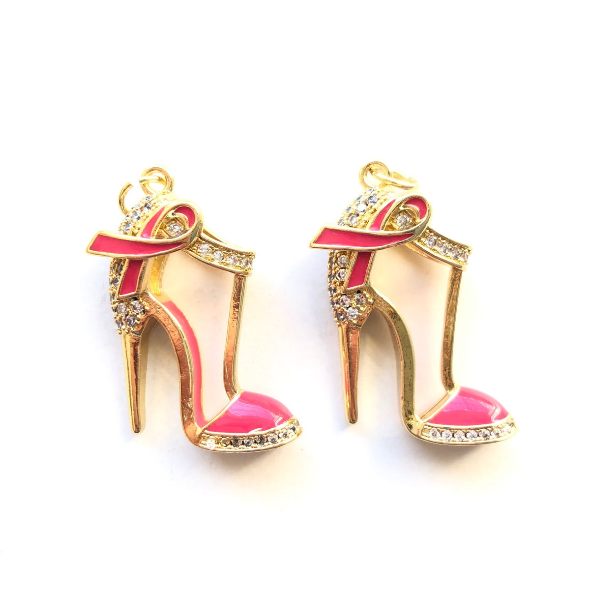 10pcs/lot CZ Pave Pink Ribbon High Heels Shoe Charms - Breast Cancer Awareness CZ Paved Charms Breast Cancer Awareness High Heels New Charms Arrivals Charms Beads Beyond