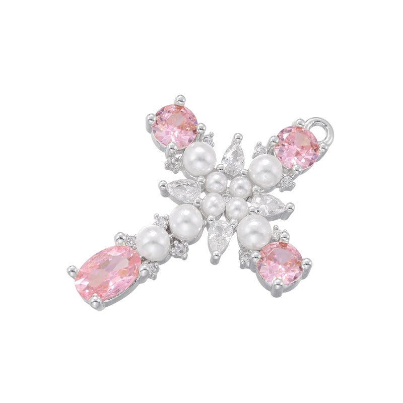 10pcs/lot 27*19.5mm Pink Green Clear CZ Paved Pearl Cross Charms Pink on Silver CZ Paved Charms Crosses New Charms Arrivals Charms Beads Beyond