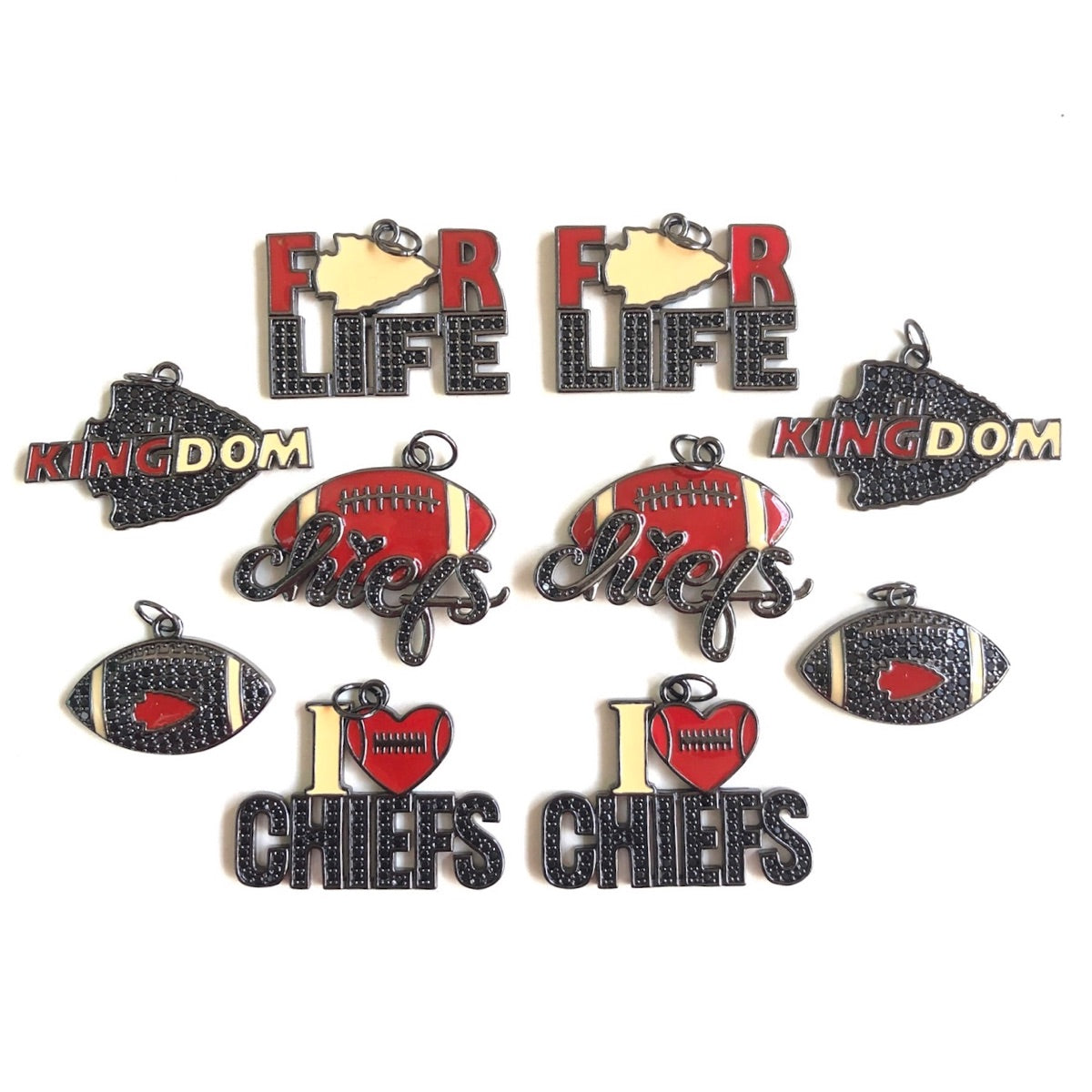 10pcs/lot CZ Paved Chiefs Football Word Charms Bundle Black on Black CZ Paved Charms American Football Sports New Charms Arrivals Charms Beads Beyond