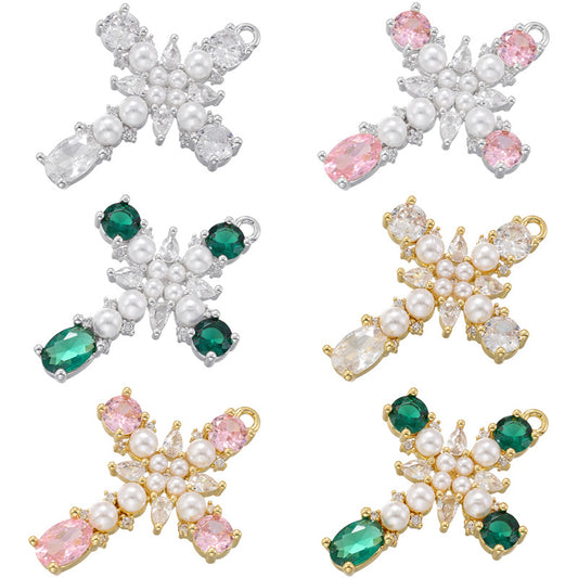 10pcs/lot 27*19.5mm Pink Green Clear CZ Paved Pearl Cross Charms Mix All Colors CZ Paved Charms Crosses New Charms Arrivals Charms Beads Beyond