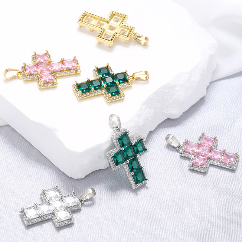 5-10pcs/lot 32*18.5mm Pink Green Clear CZ Paved Cross Charms CZ Paved Charms Crosses New Charms Arrivals Charms Beads Beyond